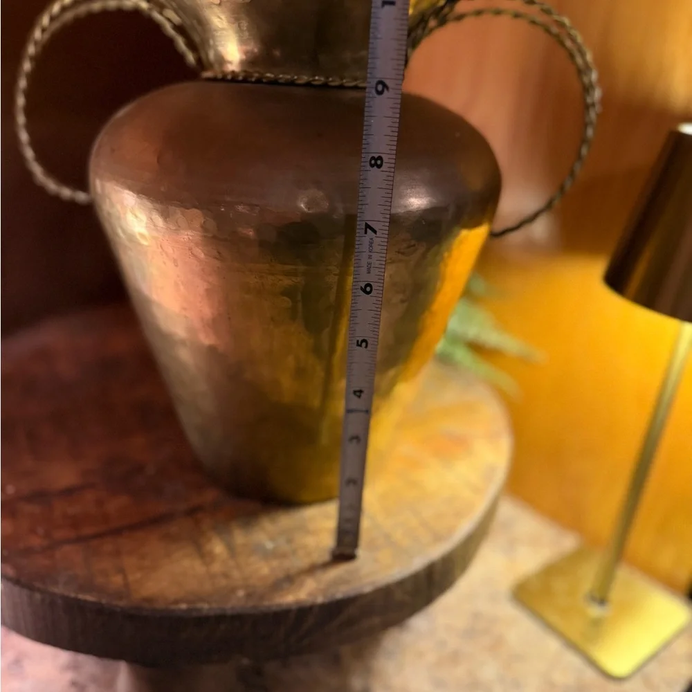 Vintage Brass Vase Featuring A Scalloped Rim And Twisted Rope-Style Handles.